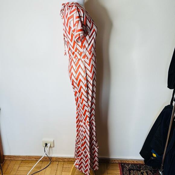 Orange and White Chevron Print 70’s Style Flare Leg Jumpsuit - Picture 8 of 10